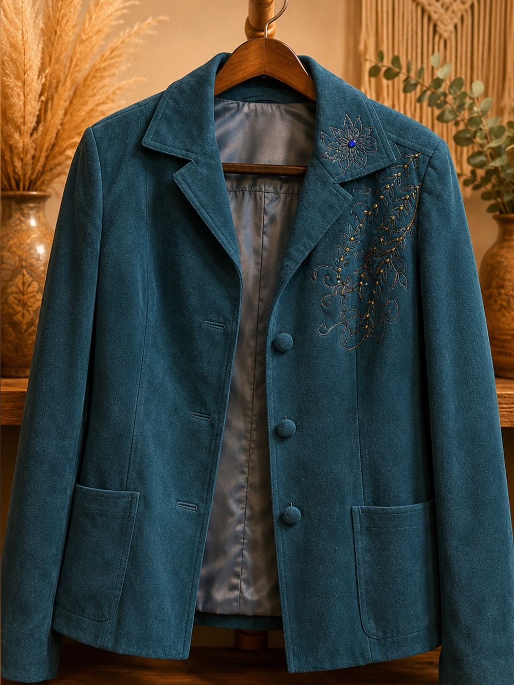 Teal Engraved Suede Jacket with matching skirt